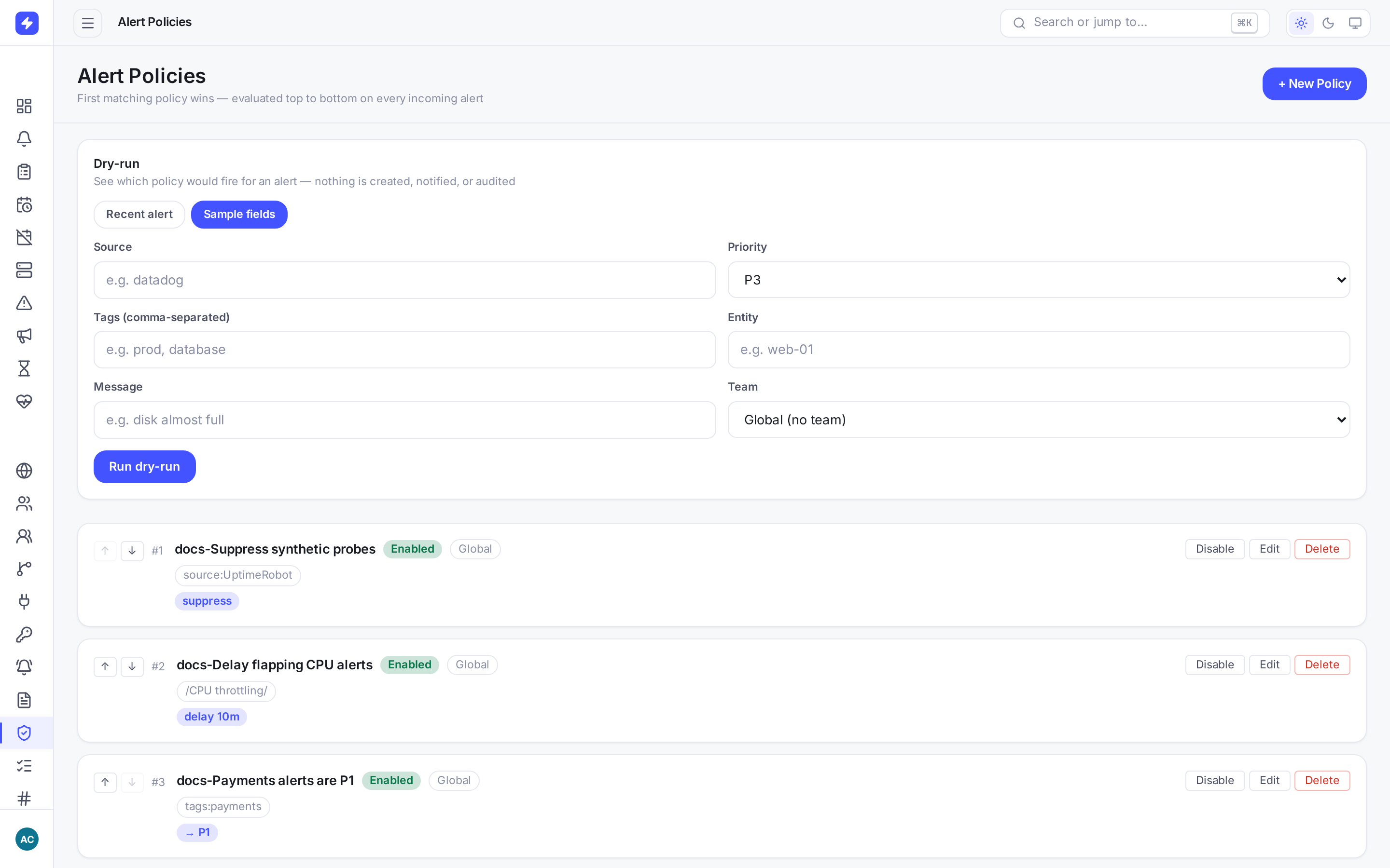 Alert policies list with rules that suppress noisy sources, delay low-priority alerts and promote matches to P1