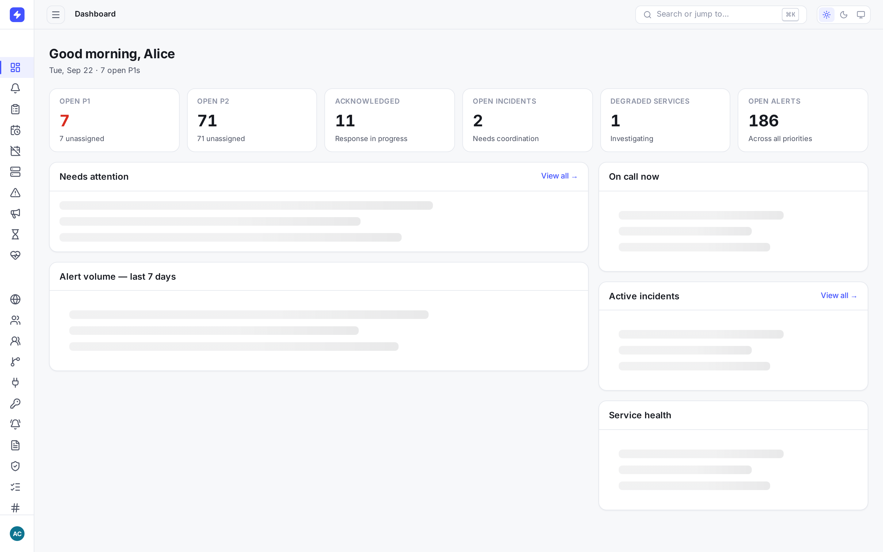 OpsPing admin dashboard with stat cards for open alerts, acknowledged alerts, open incidents and degraded services, plus recent alerts and on-call sections