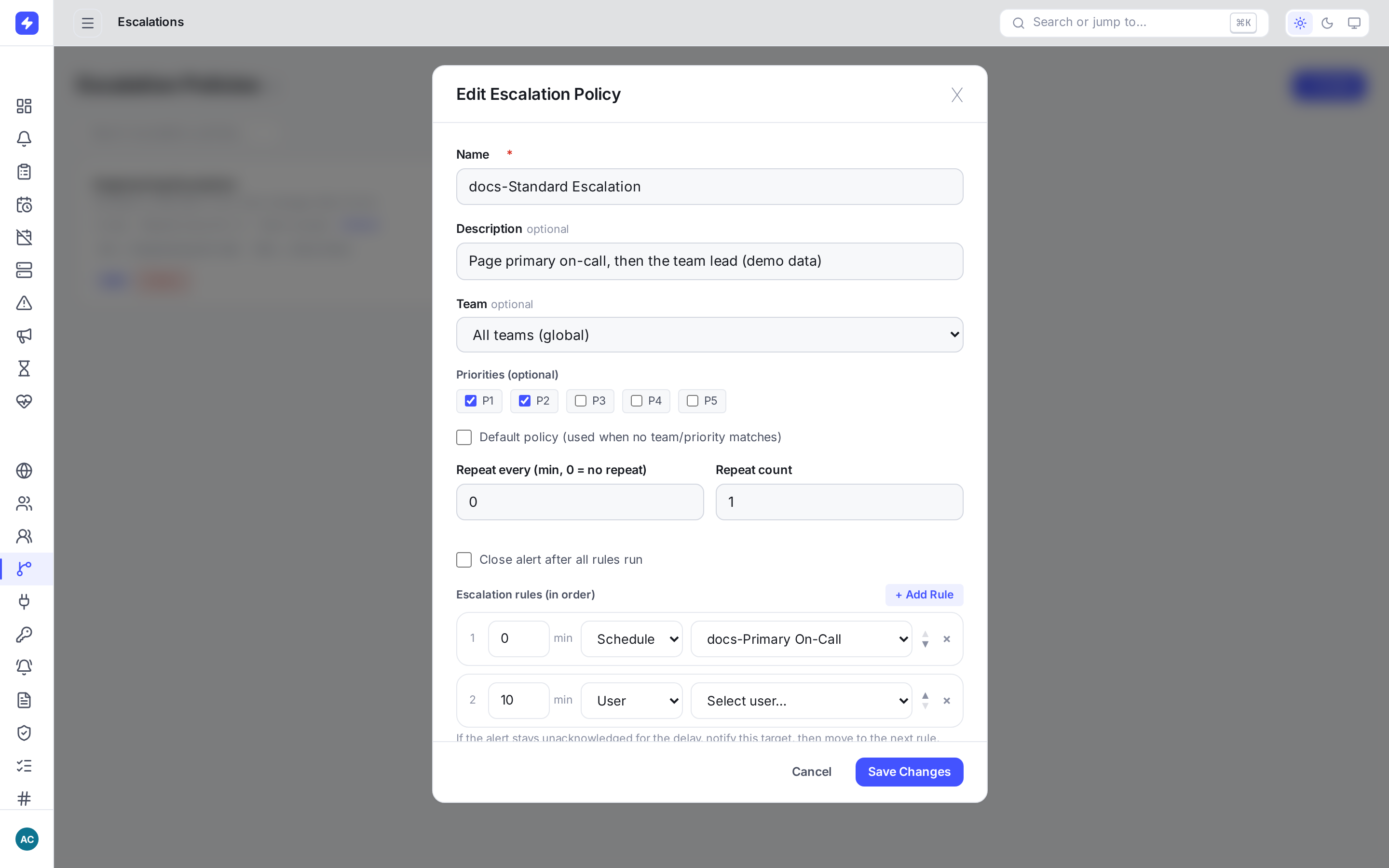 Edit Escalation Policy modal with two rules and repeat settings