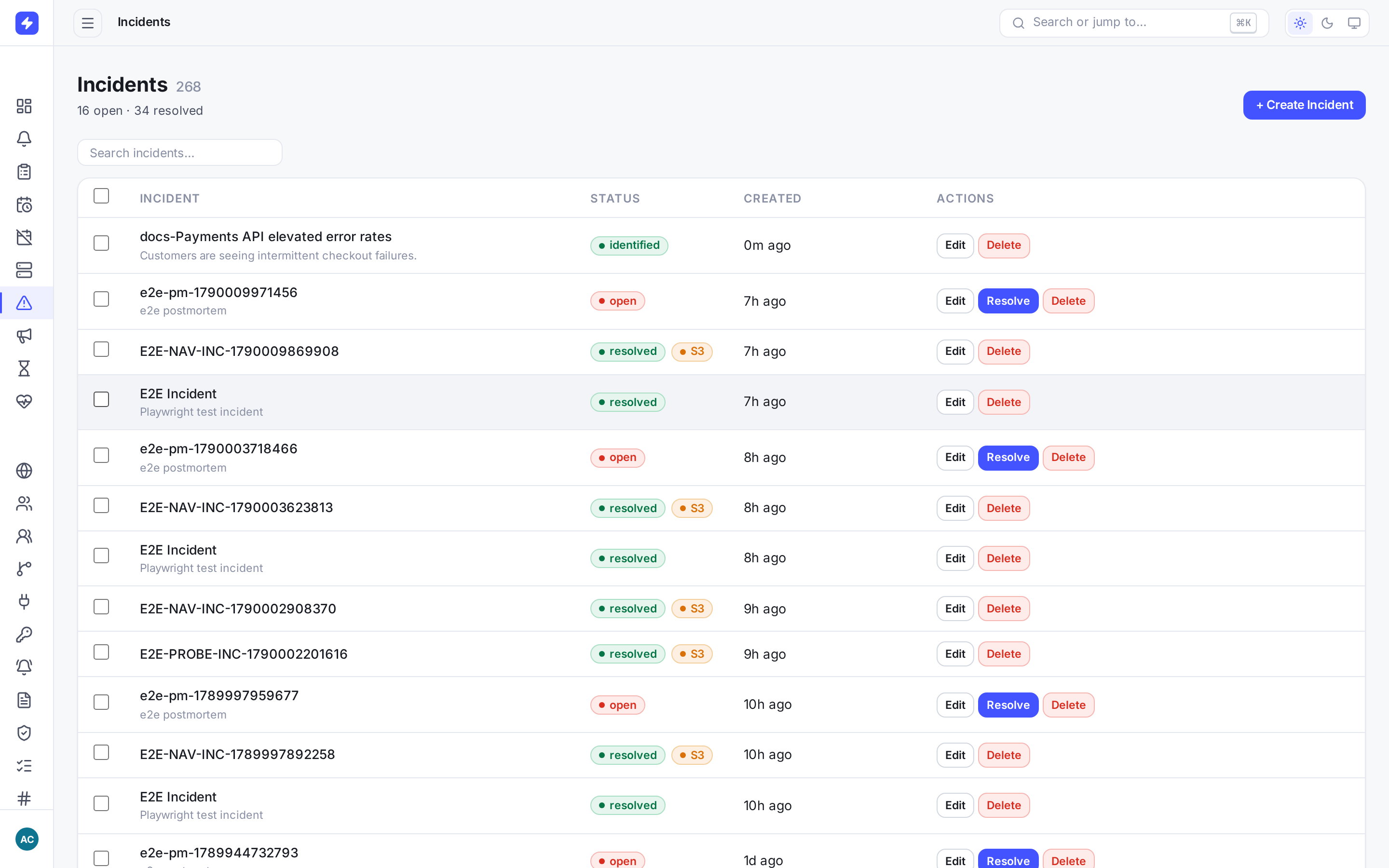 Incidents list showing an investigating P1 incident for the Payments API