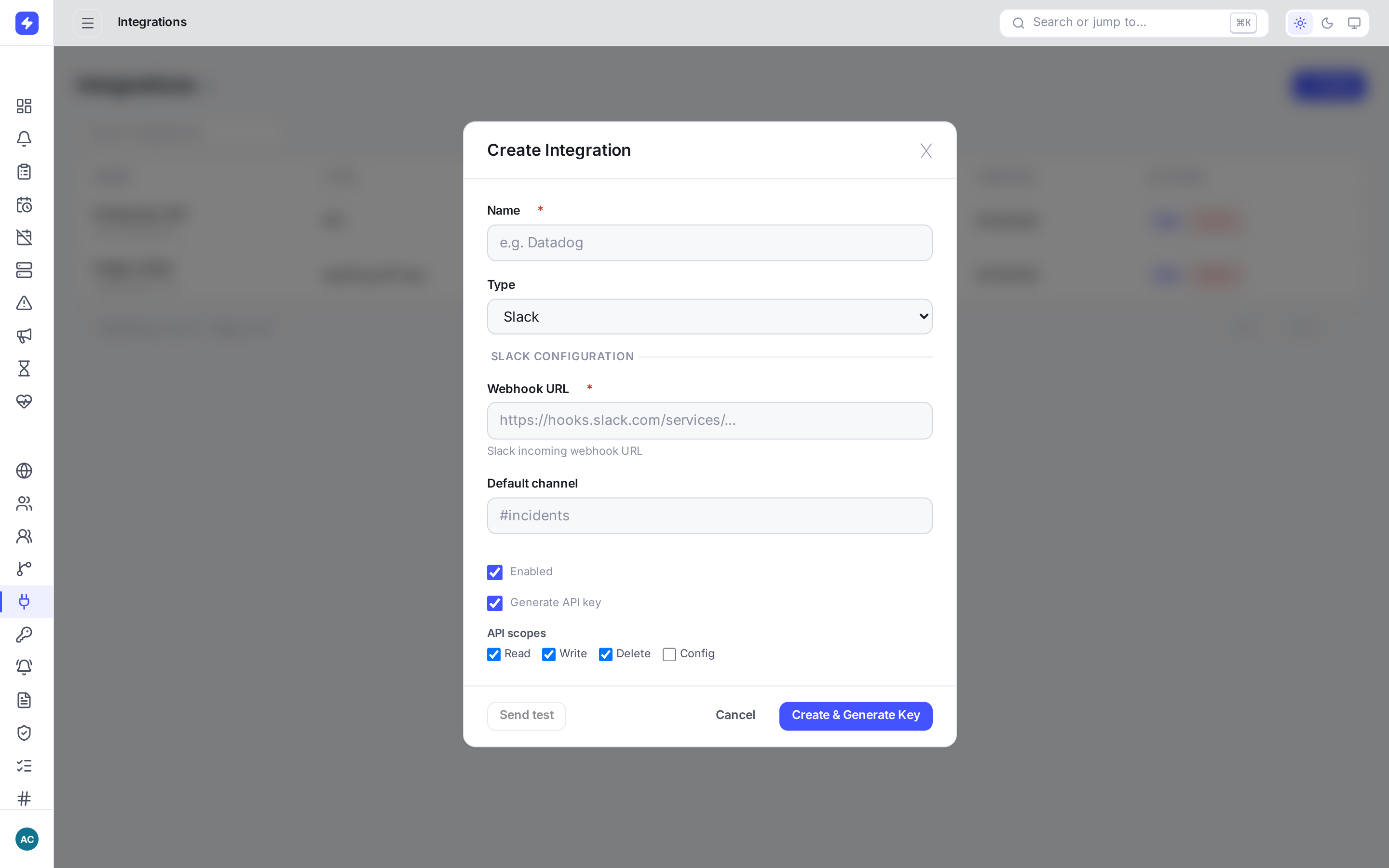 Create Integration modal with name, type selector and API scope checkboxes