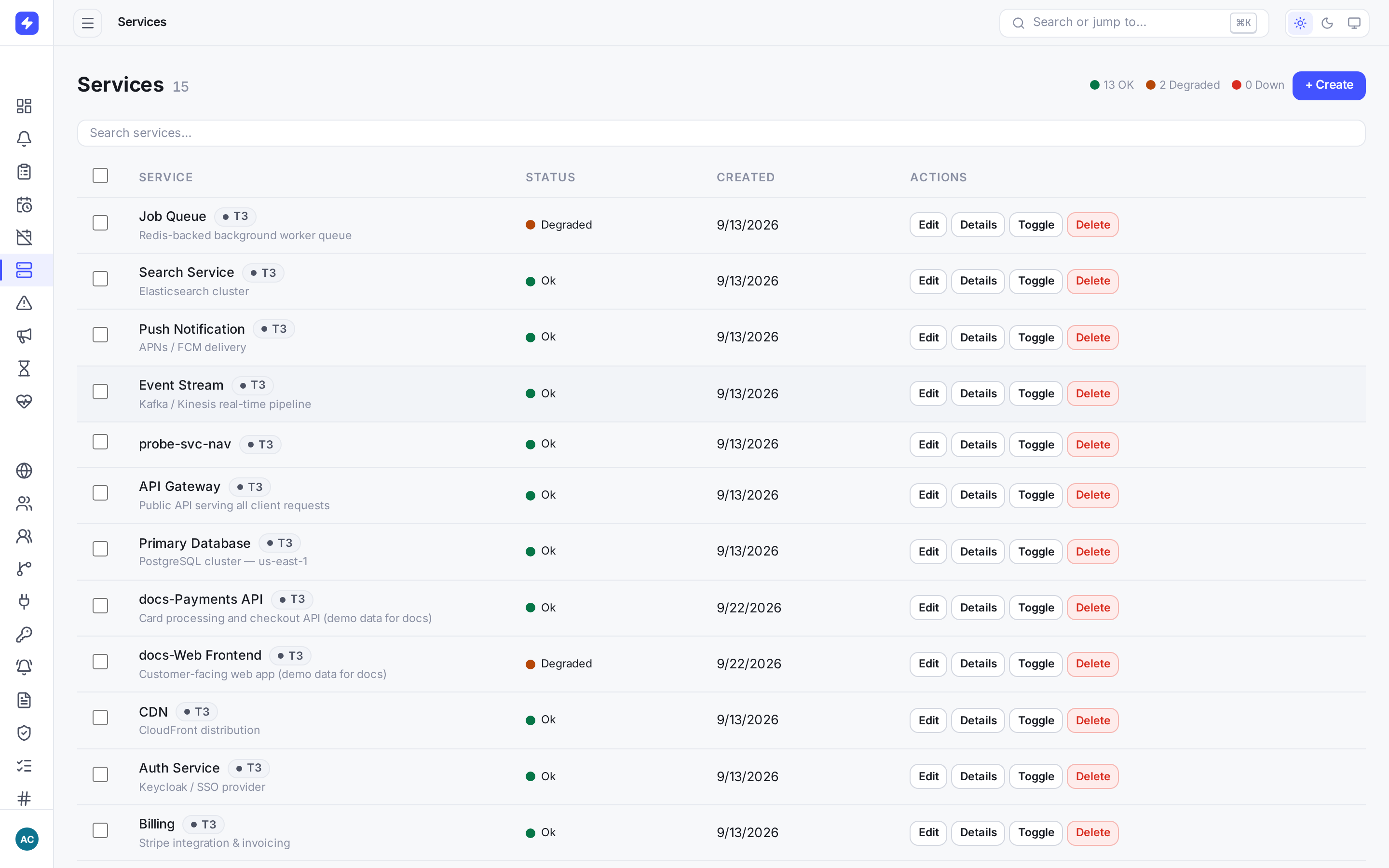 Services list with one OK service (Payments API) and one degraded service (Web Frontend)