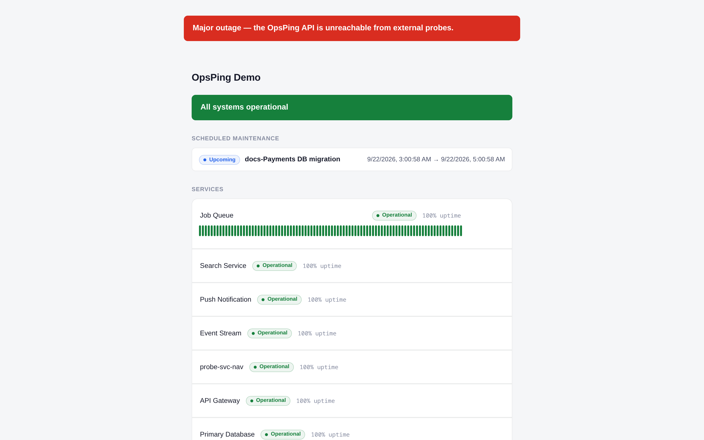 Public status page with overall status banner, service health rows, uptime bars, published incident updates, and email subscription box