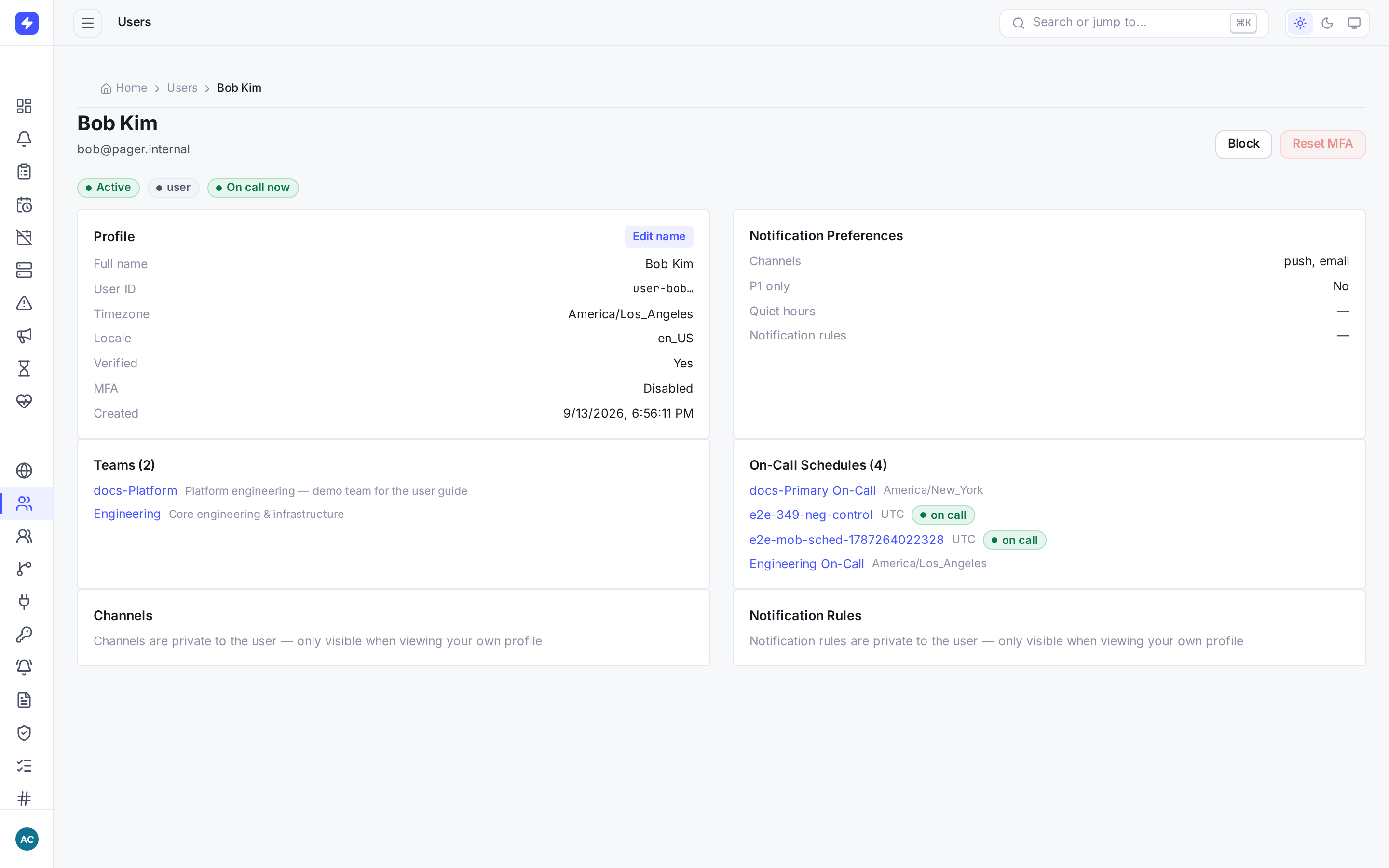 User detail page for Bob Kim with profile, teams, schedules, channels and notification rules sections