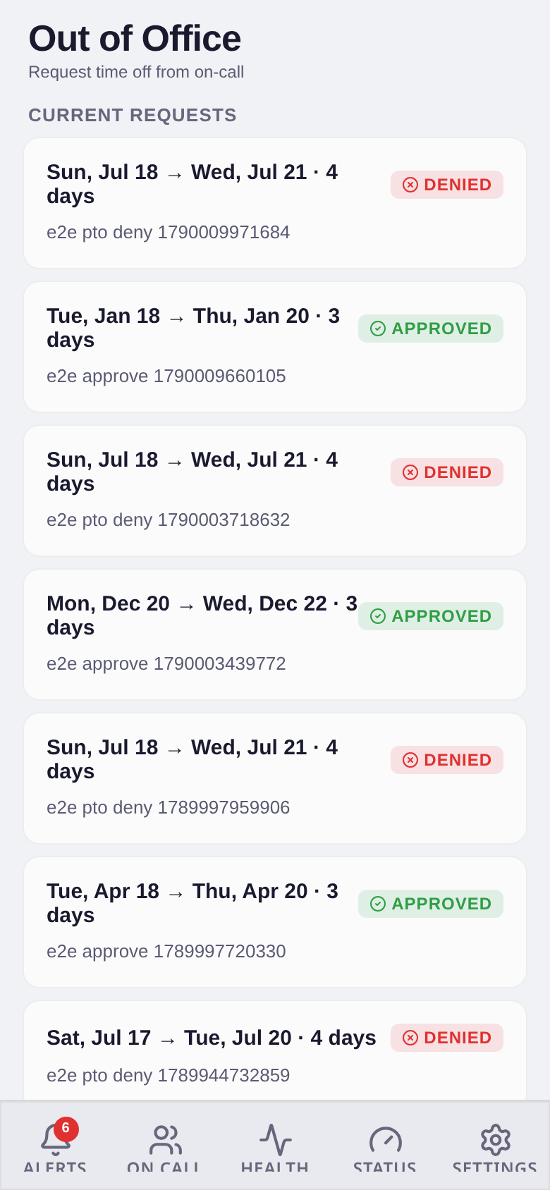 Mobile out-of-office screen with the new request form